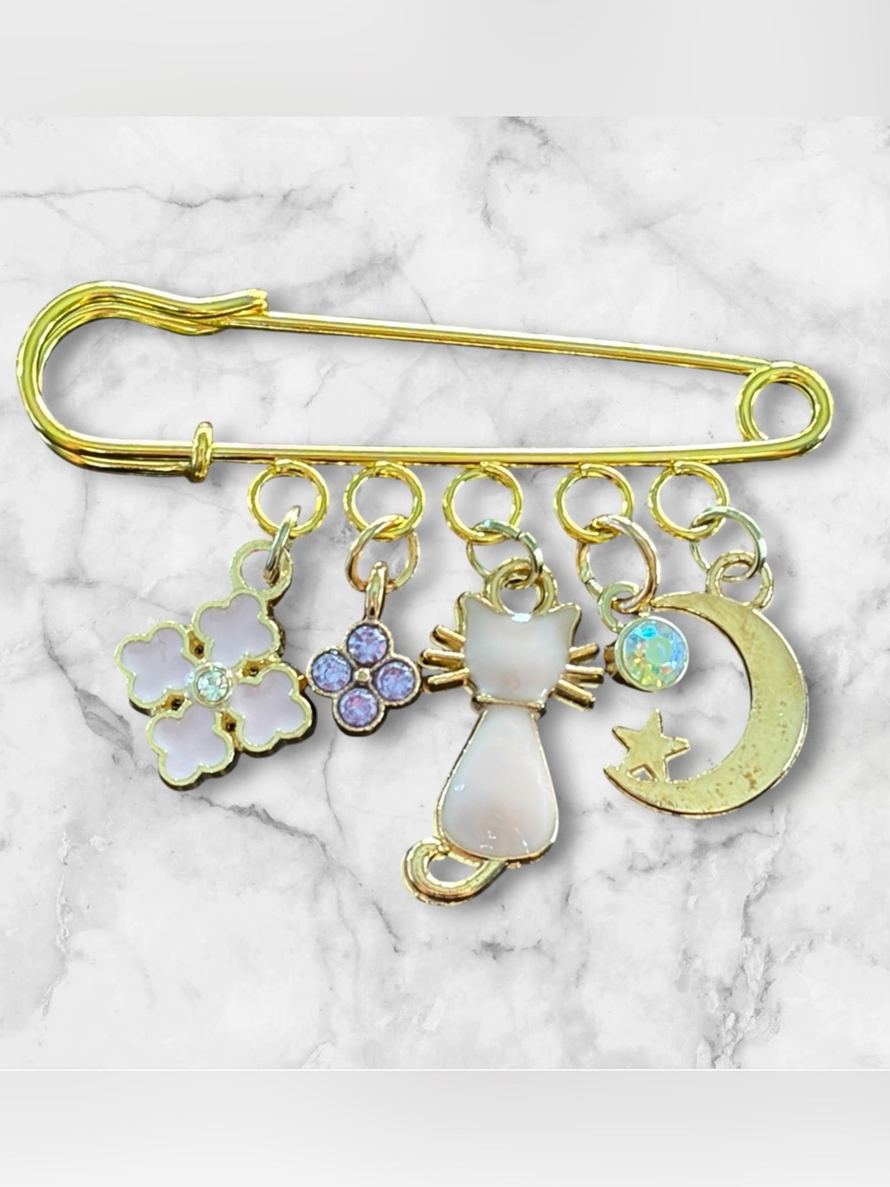 Gold and Pink Charm Cat Brooch